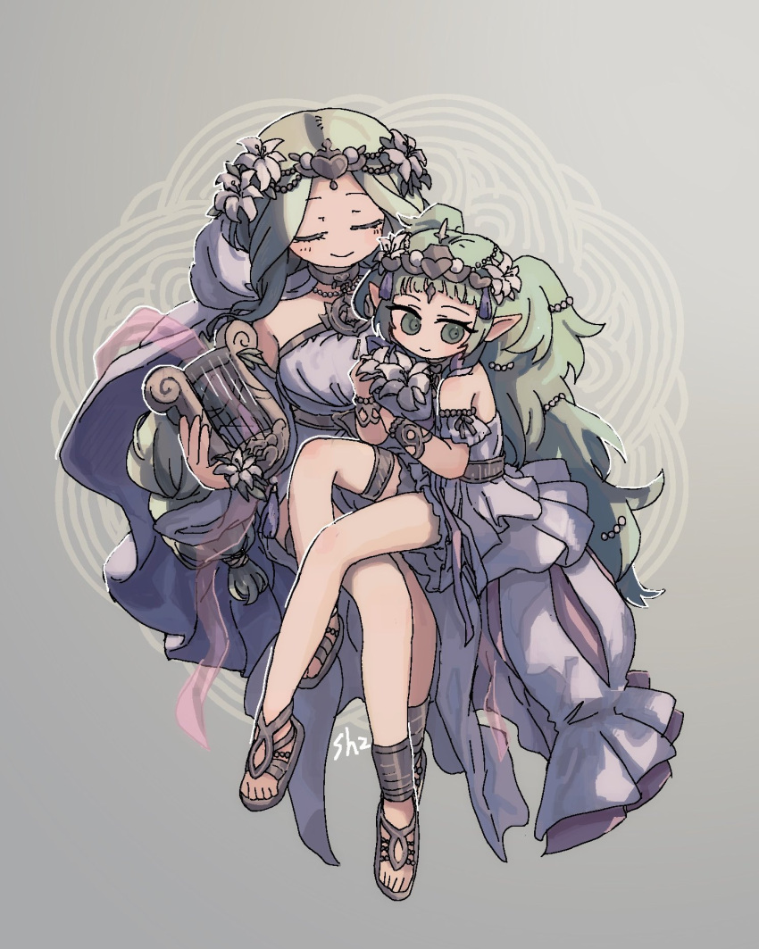 2girls, blush, bracelet, closed_eyes, closed_mouth, deformed, dress, fire_emblem