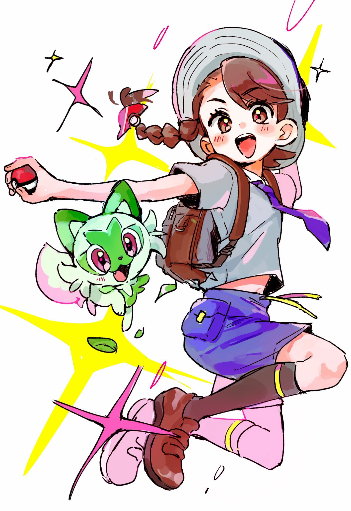 1girl, backpack, bag, black_socks, blue_shorts, blush, braid, brown_eyes