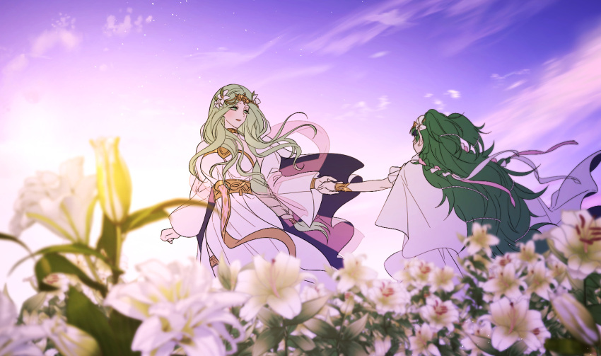 2girls, braid, breasts, clouds, dress, fire_emblem, fire_emblem:_three_houses, fire_emblem_heroes