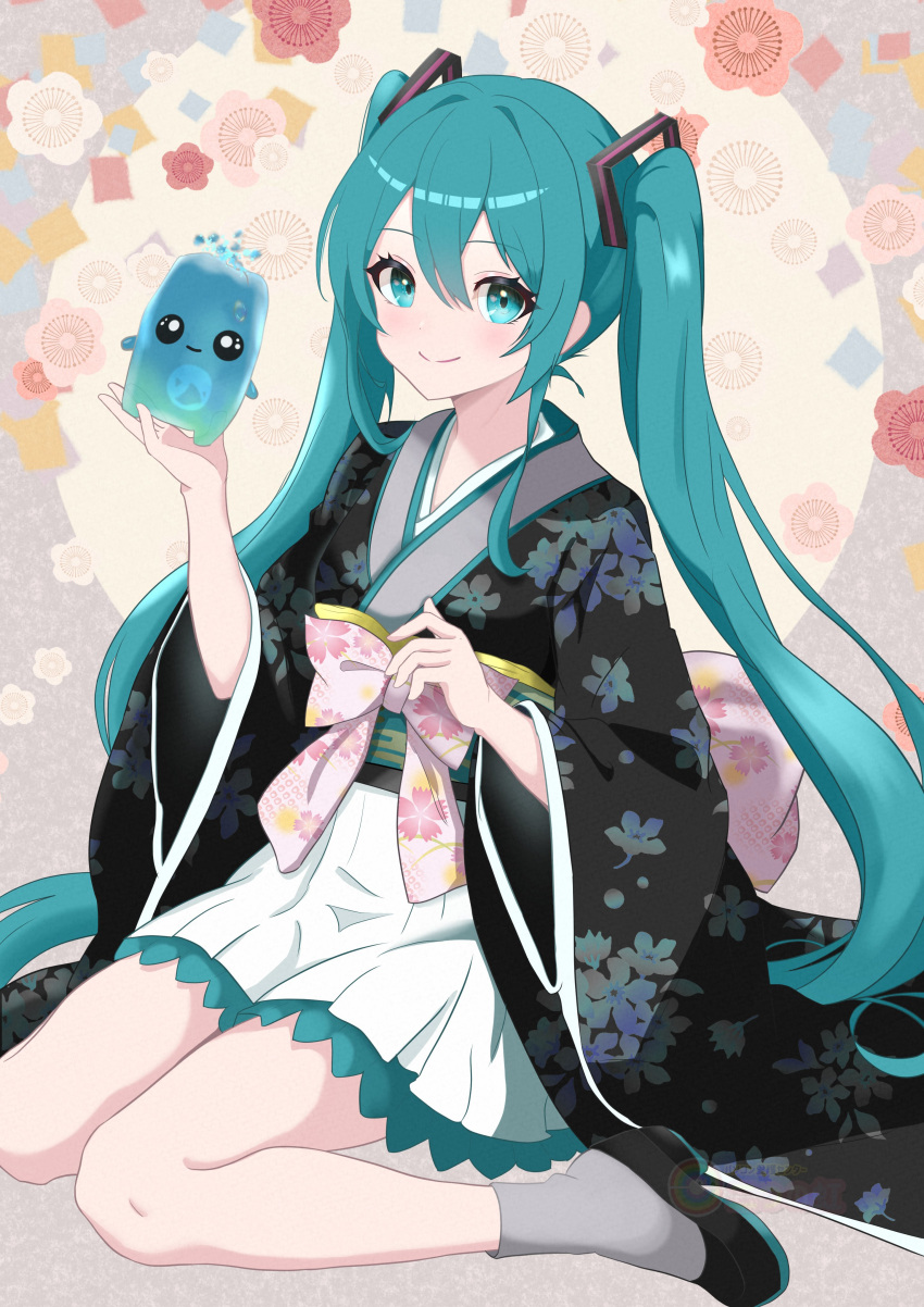 1girl, absurdres, aqua_eyes, aqua_hair, black_kimono, black_shoes, blush, closed_mouth