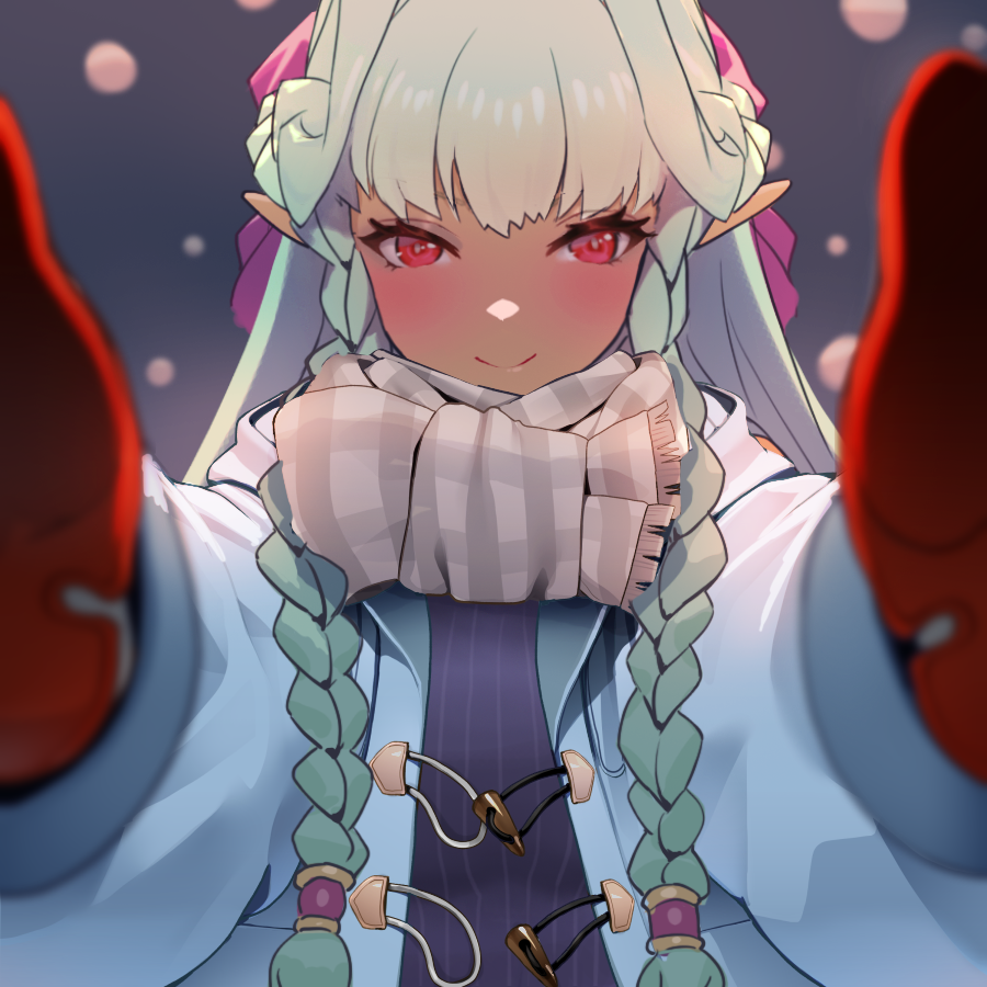 1girl, alternate_costume, aqua_hair, blue_coat, blush, braid, closed_mouth, coat, contemporary, dark_elf, dark_skin, elf, grey_scarf, long_hair, looking_at_viewer, meme, mittens, mixed-language_commentary, open_clothes, open_coat, pointy_ears, pov, pov_cheek_warming_(meme), puyoakira, red_eyes, red_mittens, rosalinde_(unicorn_overlord), scarf, smile, snow, solo, twin_braids, unicorn_overlord, winter_clothes, winter_coat