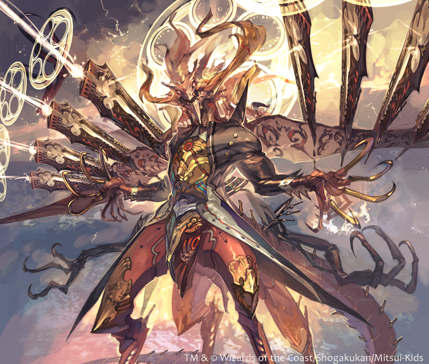 1boy, black_coat, claws, coat, commentary_request, copyright_notice, duel_masters, feet_out_of_frame, floating_gun, looking_at_viewer, male_focus, monster_boy, official_art, open_mouth, so-taro, solo, standing, taur, valiant_illusion_infinite, wings