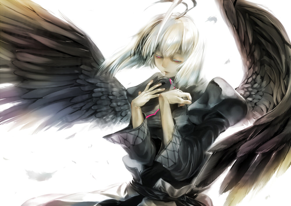 antenna_hair, astsm, black_wings, bob_cut, closed_eyes, colored_eyelashes, eyes_closed, feathers, flat_gaze, hands_on_own_chest, kamyu, long_sleeves, pink_eyes, pose, puffy_sleeves, short_hair, silver_hair, tokiwa_tsuneba, utawareru_mono, wide_sleeves, wind, wings