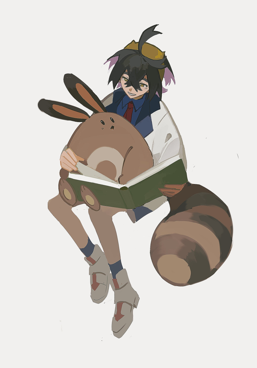 1boy, absurdres, black_hair, blue_shirt, blue_socks, book, collared_shirt, crossed_bangs
