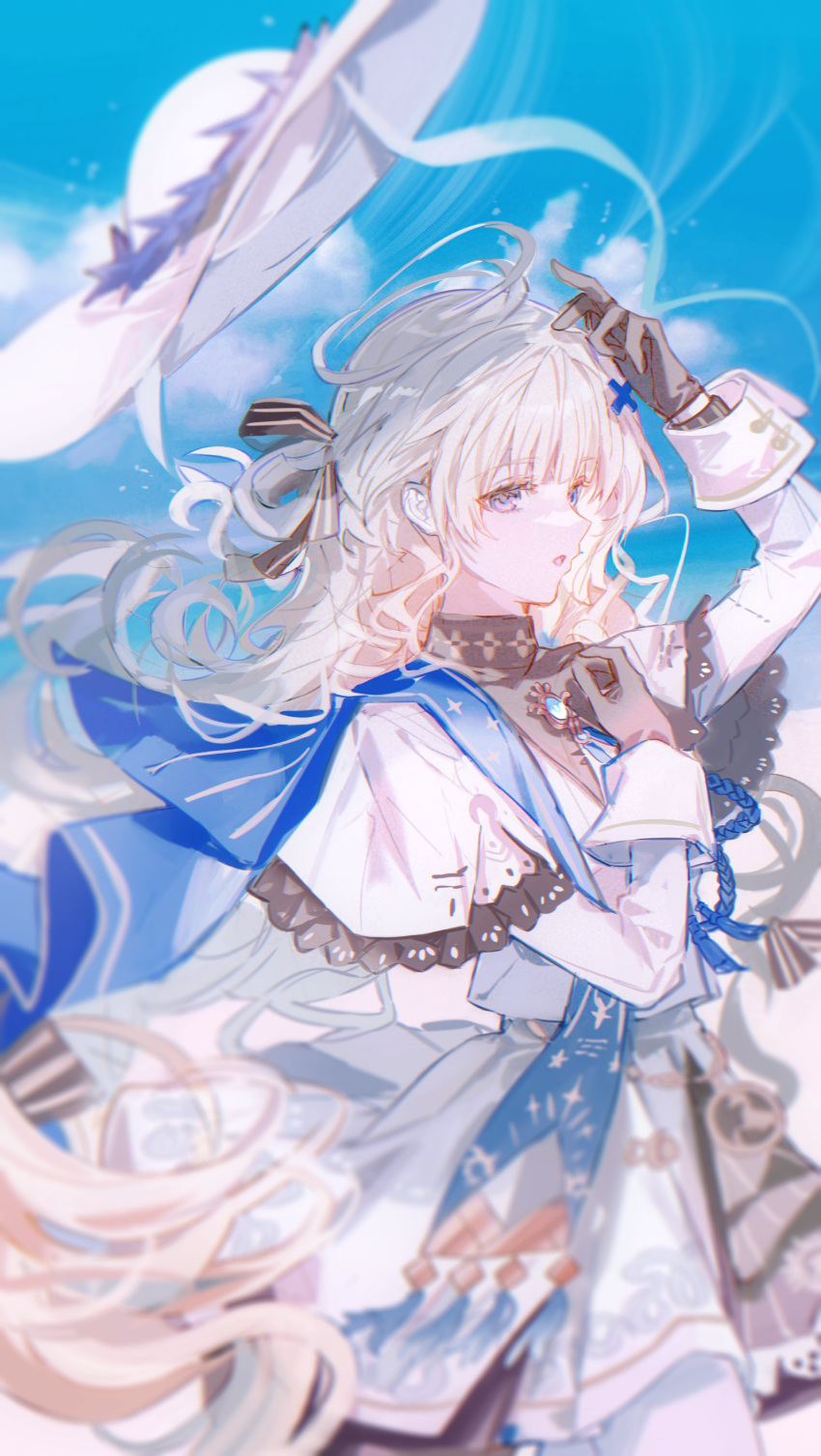 1girl, :o, absurdres, black_collar, black_gloves, blonde_hair, blue_sky, collar