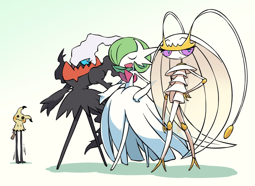 antennae, black_skin, blue_eyes, bob_cut, closed_eyes, colored_skin, darkrai, dress, elbow_gloves, fuifui, gardevoir, gloves, green_hair, hair_over_one_eye, mega_gardevoir, mega_pokemon, mimikyu, pheromosa, pokemon, pokemon_(creature), strapless, strapless_dress, violet_eyes, white_dress, white_gloves, white_hair