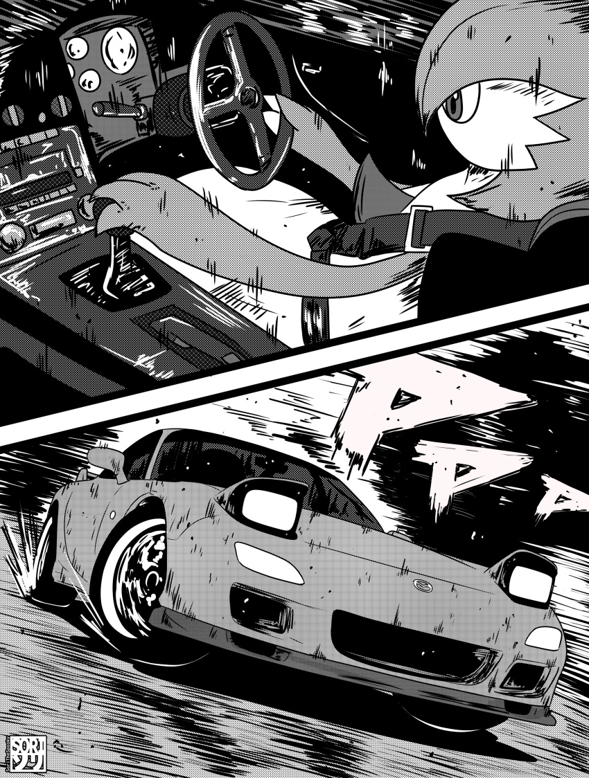 absurdres, bob_cut, car, colored_skin, driving, gardevoir, greyscale, highres