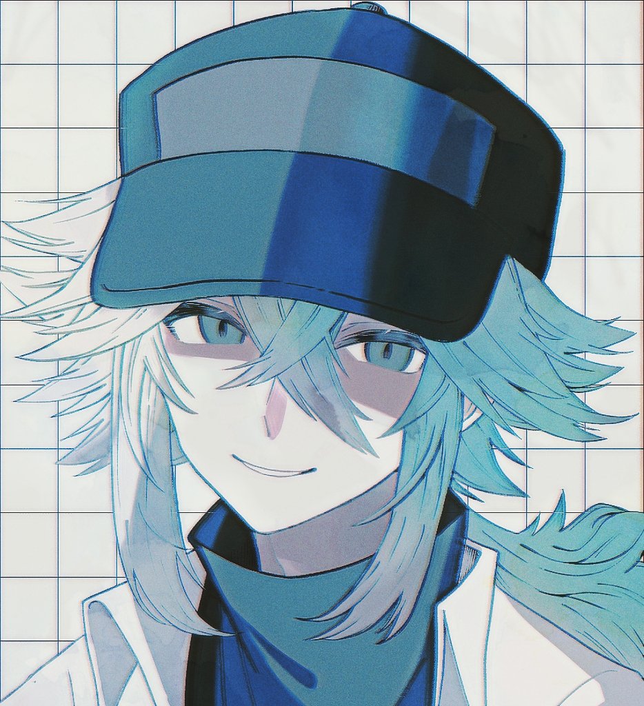1boy, baseball_cap, black_undershirt, checkered_background, collared_shirt, green_eyes, green_hair, hair_between_eyes