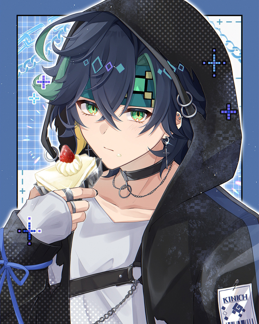 1boy, absurdres, alternate_costume, aqua_headband, black_choker, black_hair, black_hood, black_jacket