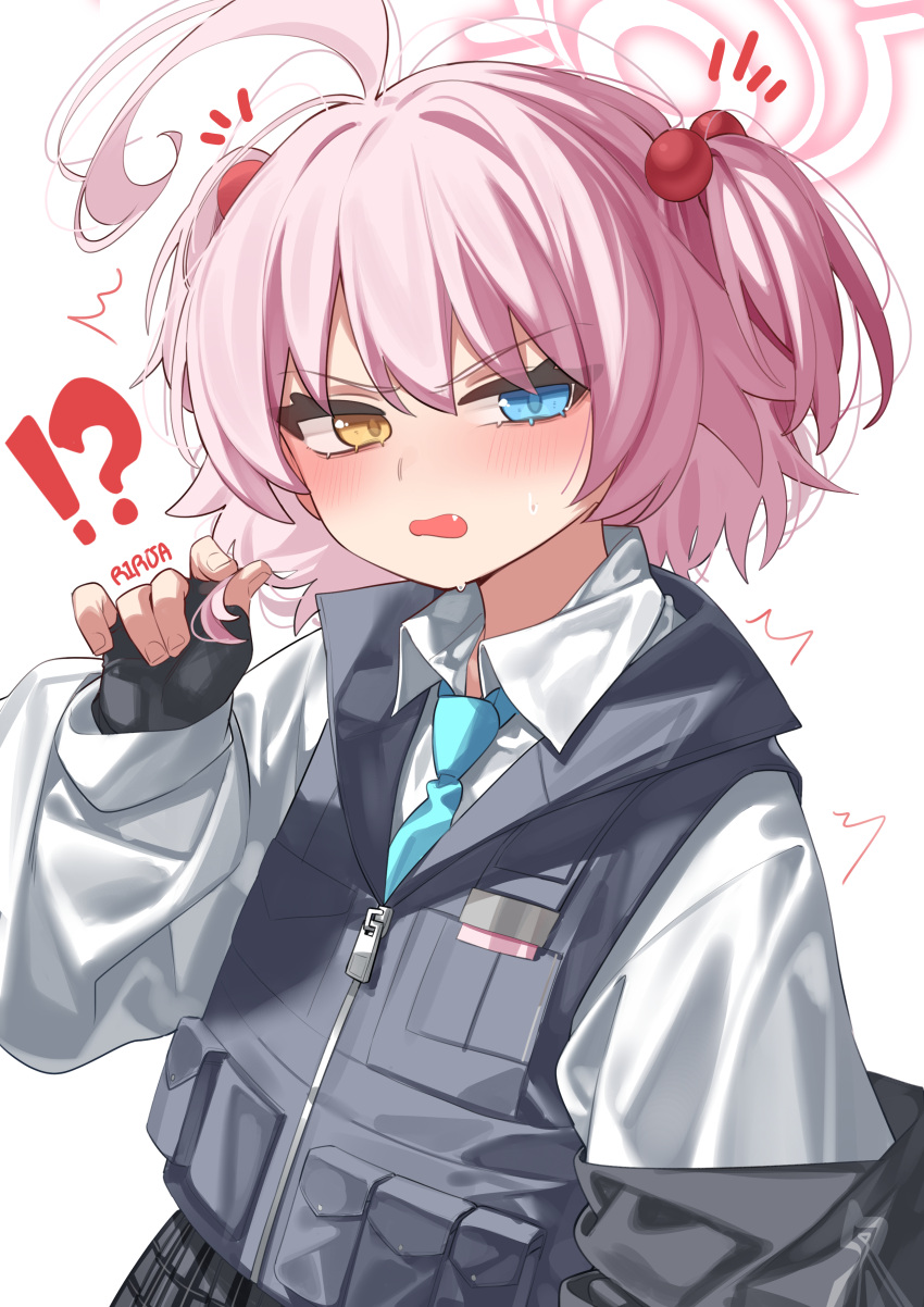 !?, 1girl, absurdres, ahoge, black_gloves, black_skirt, black_vest, blue_archive