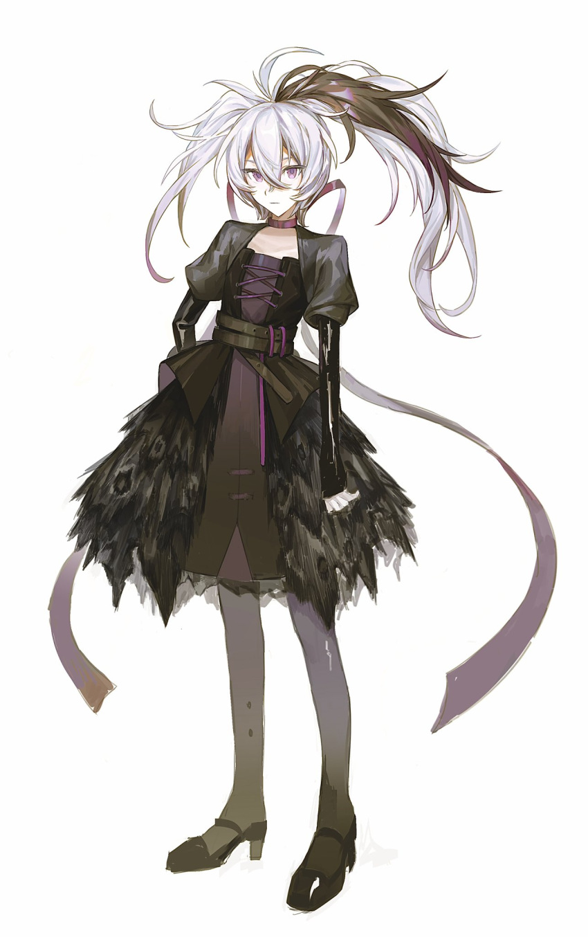1girl, arm_at_side, back_ribbon, belt, black_belt, black_dress, black_hair, black_jacket