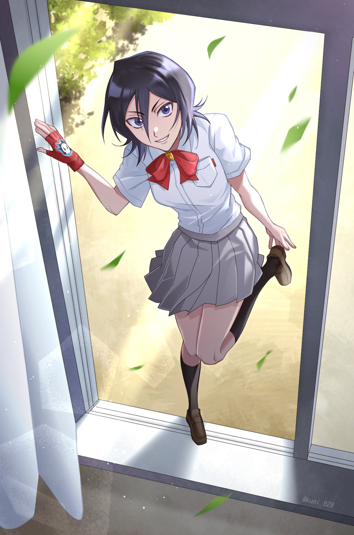 1girl, 2024, black_hair, black_socks, bleach, blurry, bow, bowtie