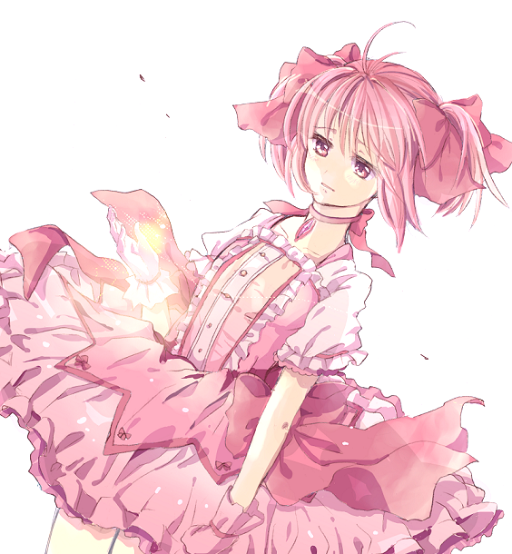 bow, dress, dutch_angle, gloves, hair_bow, hair_ribbon, kaname_madoka, kijikko, kojiki, magical_girl, mahou_shoujo_madoka_magica, pink_eyes, pink_hair, ribbon, short_hair, short_twintails, simple_background, solo, twintails