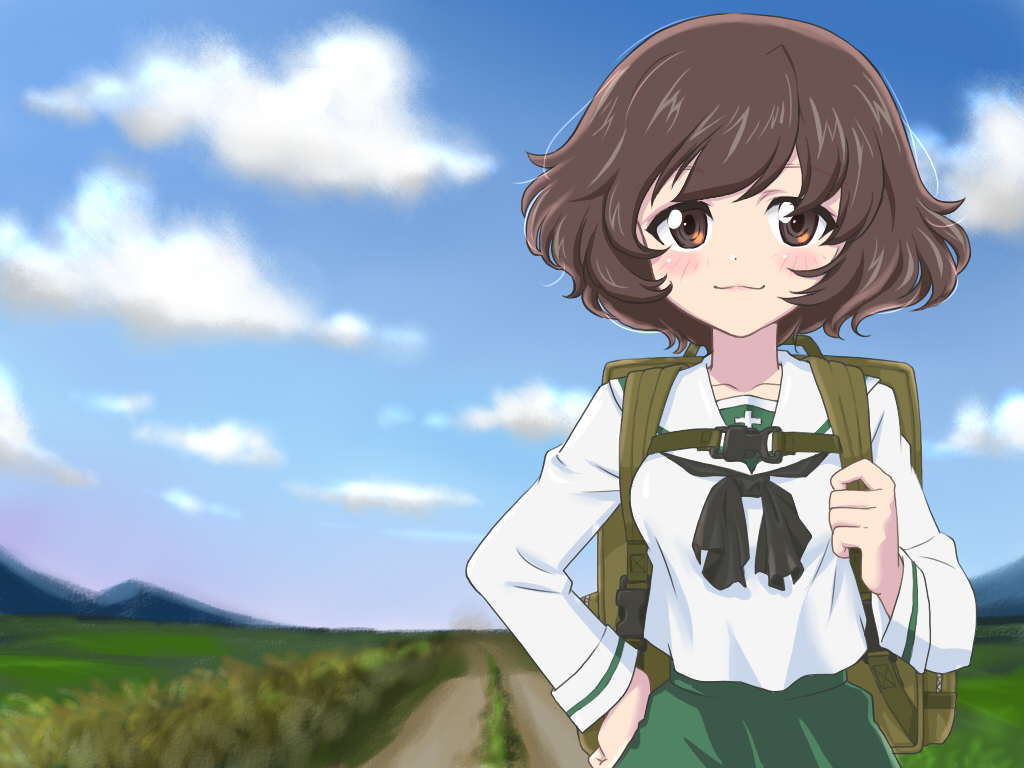 1girl, akiyama_yukari, backpack, bag, black_neckerchief, black_scarf, blue_sky, blush, brown_bag, brown_hair, clouds, curly_hair, field, girls_und_panzer, green_skirt, hand_on_own_hip, mountain, neckerchief, sarukichi_(chiekichi), scarf, school_uniform, serafuku, short_hair, skirt, sky, smile, white_serafuku