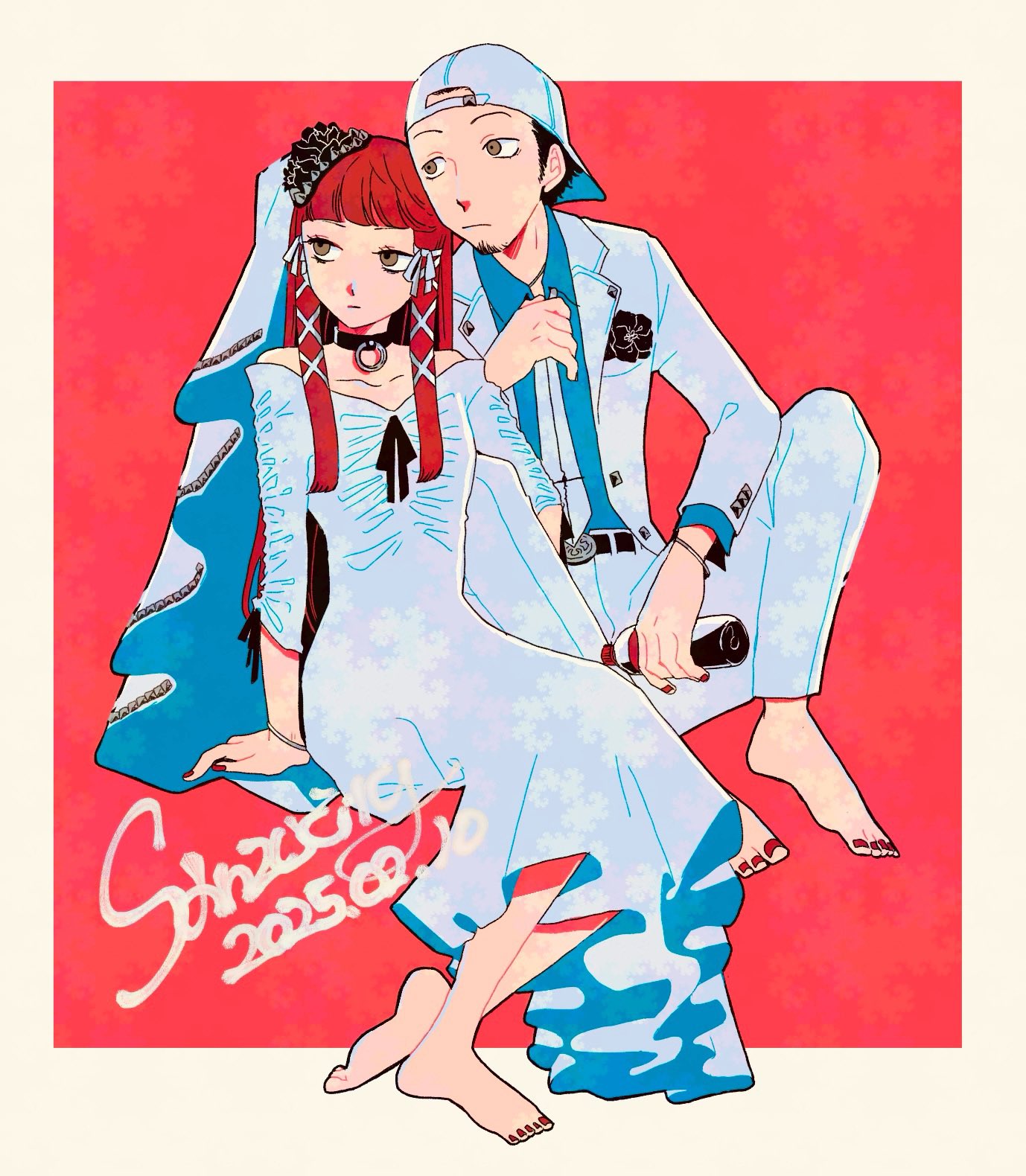 1boy, 1girl, artist_name, backwards_hat, barefoot, baseball_cap, belt, belt_buckle