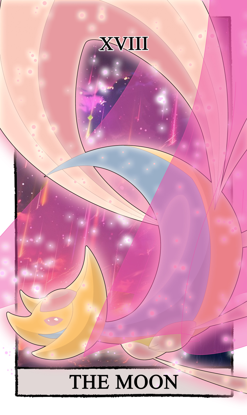 absurdres, border, card_(medium), carrotzmoonman, cresselia, english_commentary, full_body, highres, light_particles, no_humans, pink_eyes, pokemon, pokemon_(creature), roman_numeral, screenshot_background, sparkle, tarot, tarot_(medium), the_moon_(tarot), white_border