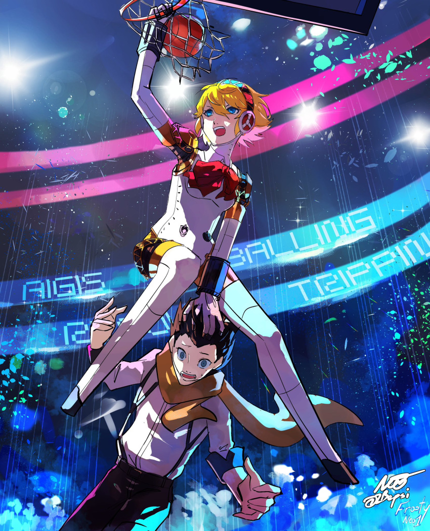 1boy, 1girl, aigis_(persona), android, basketball, black_hair, black_pants, black_suspenders