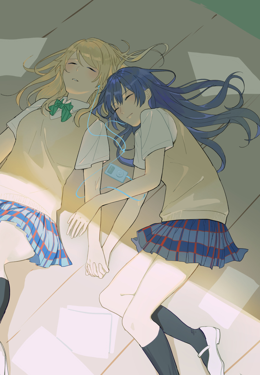 2girls, absurdres, ayase_eli, black_socks, blonde_hair, blue_hair, blue_skirt, blush