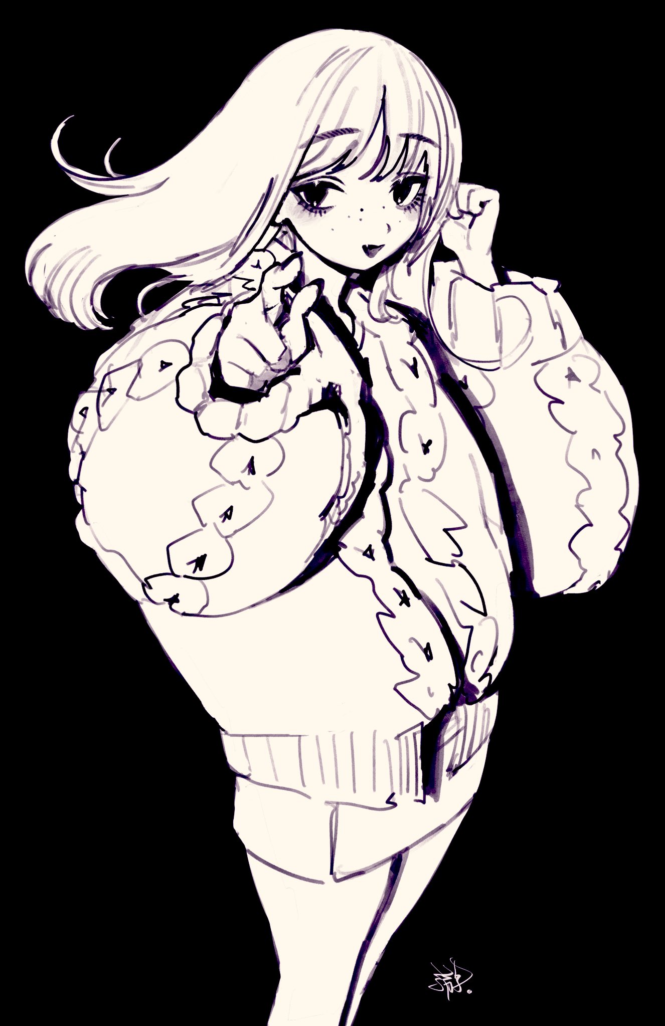 1girl, black_background, cardigan, cowboy_shot, hands_up, highres, long_hair, long_sleeves