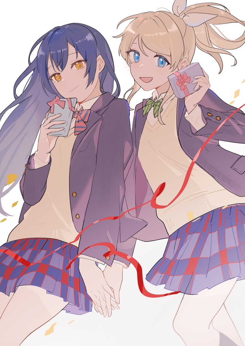 2girls, :d, absurdres, ayase_eli, black_socks, blazer, blonde_hair, blue_hair