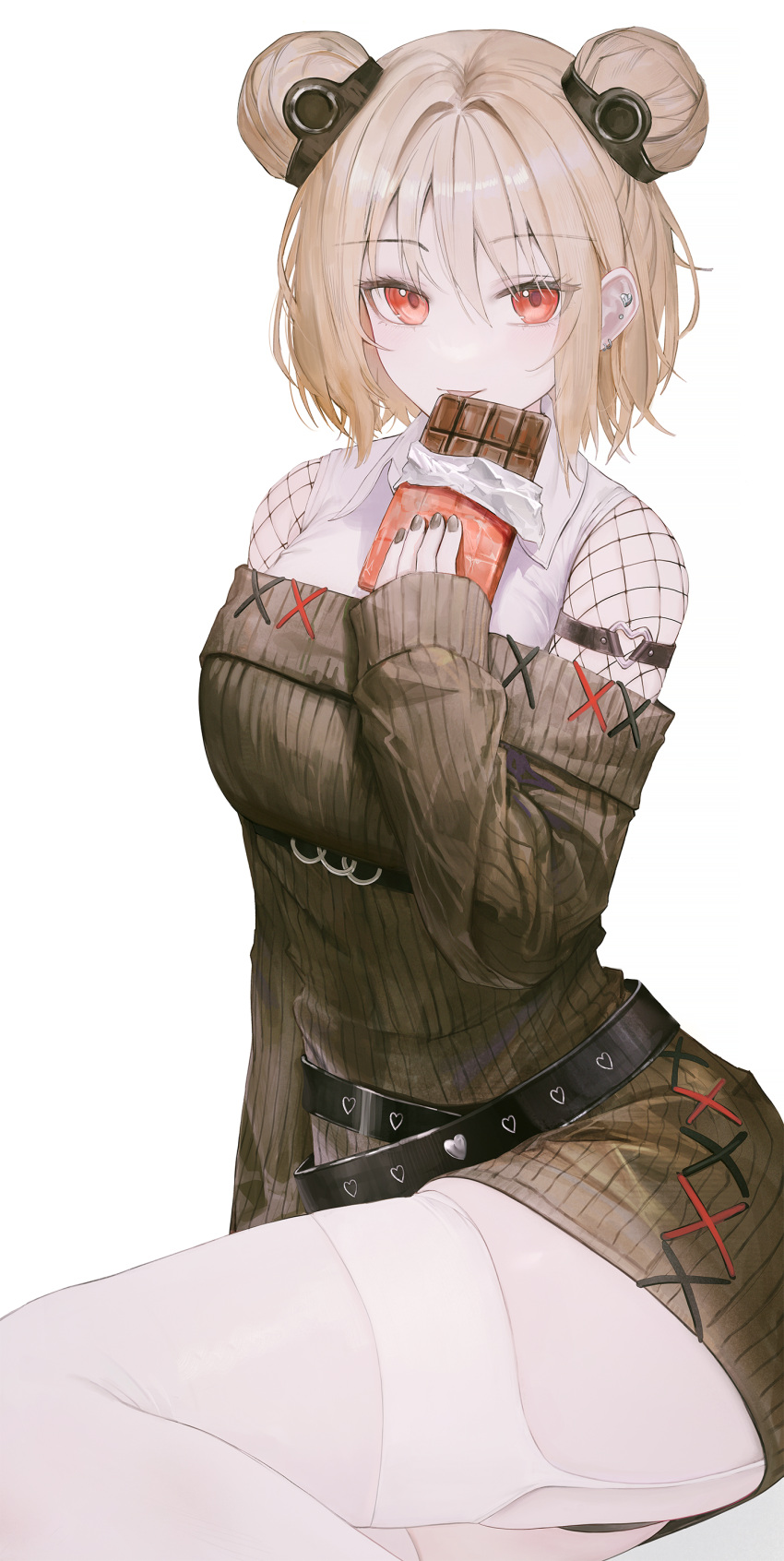 1girl, absurdres, blonde_hair, candy, chocolate, chocolate_bar, commentary_request, commission, double_bun, ear_piercing, fishnet_top, fishnets, flippy_(cripine111), food, girls_frontline, green_sweater, hair_bun, heart_o-ring, highres, holding, holding_chocolate, holding_food, looking_at_viewer, nail_polish, o-ring_arm_strap, p90_(girls'_frontline), piercing, pixiv_commission, red_eyes, simple_background, sleeves_past_wrists, solo, sweater, thigh-highs, thighs, tongue, tongue_out, white_background, white_thighhighs