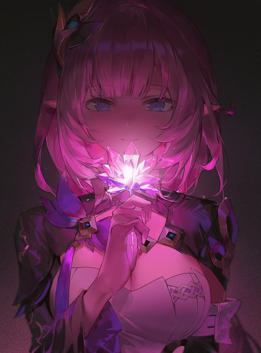 1girl, baiser3rd, black_shrug, blue_eyes, breasts, closed_mouth, commentary, crystal_flower