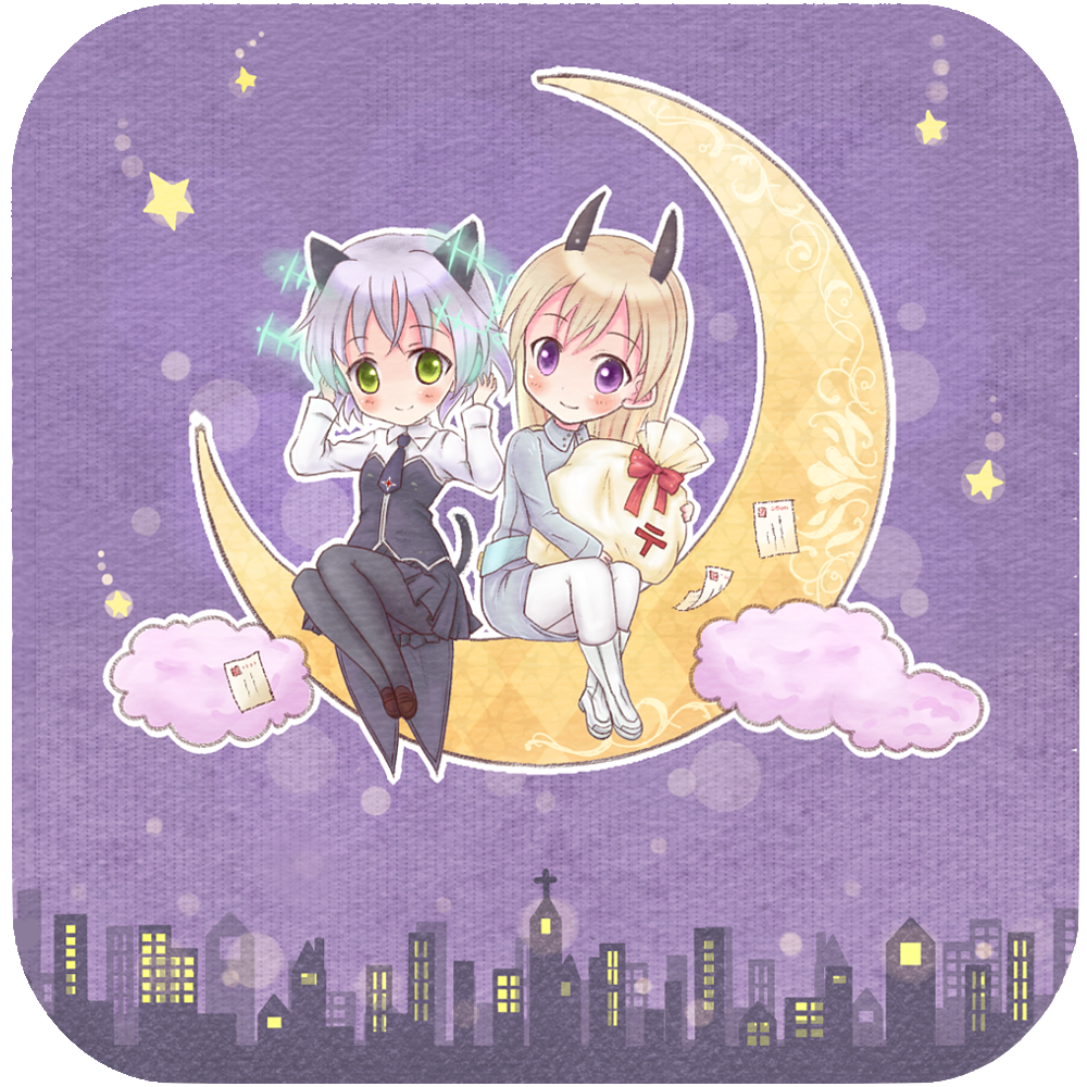 animal_ears, black_legwear, black_pantyhose, blonde_hair, chibi, cloud, clouds, crescent_moon