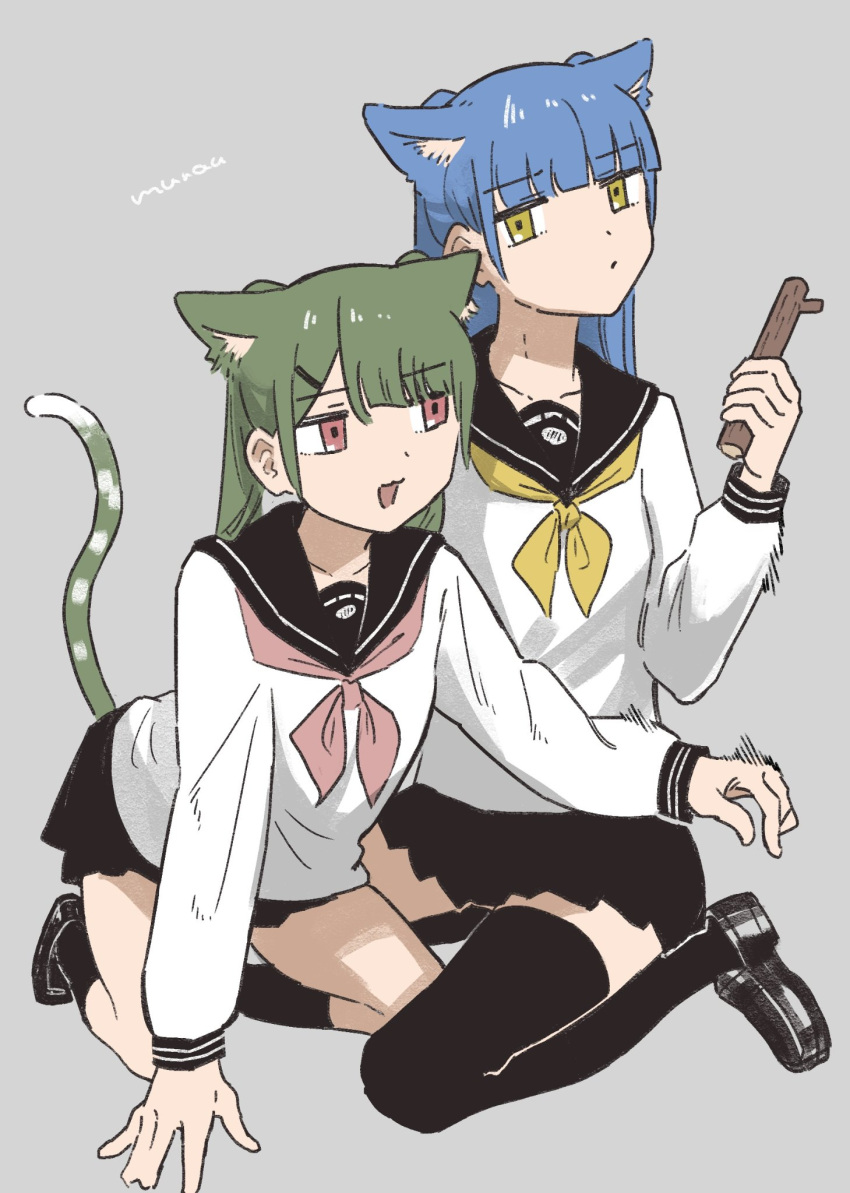 2girls, animal_ears, black_socks, black_thighhighs, blue_hair, bow, cat_ears, cat_girl