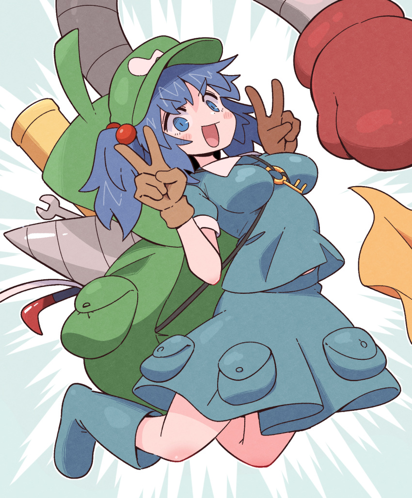 >:), 1girl, backpack, bag, baseball_cap, blue_boots, blue_eyes, blue_hair