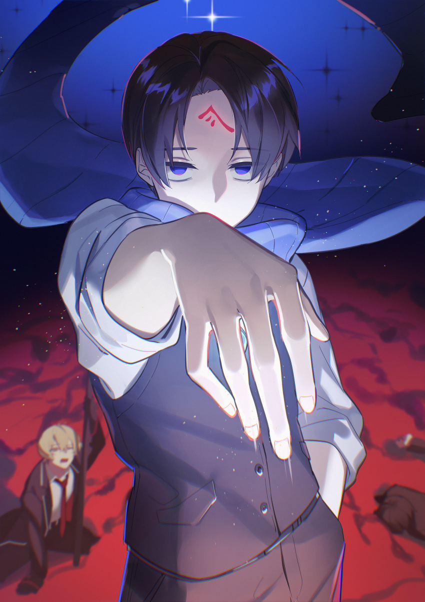 2boys, absurdres, arm_up, blonde_hair, blue_eyes, blue_scarf, blurry, blurry_background