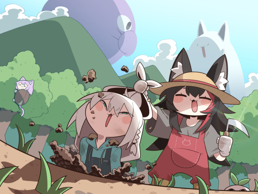 3girls, :3, absurdres, alternate_costume, animal_ear_fluff, animal_ears, black_hair, blue_hair