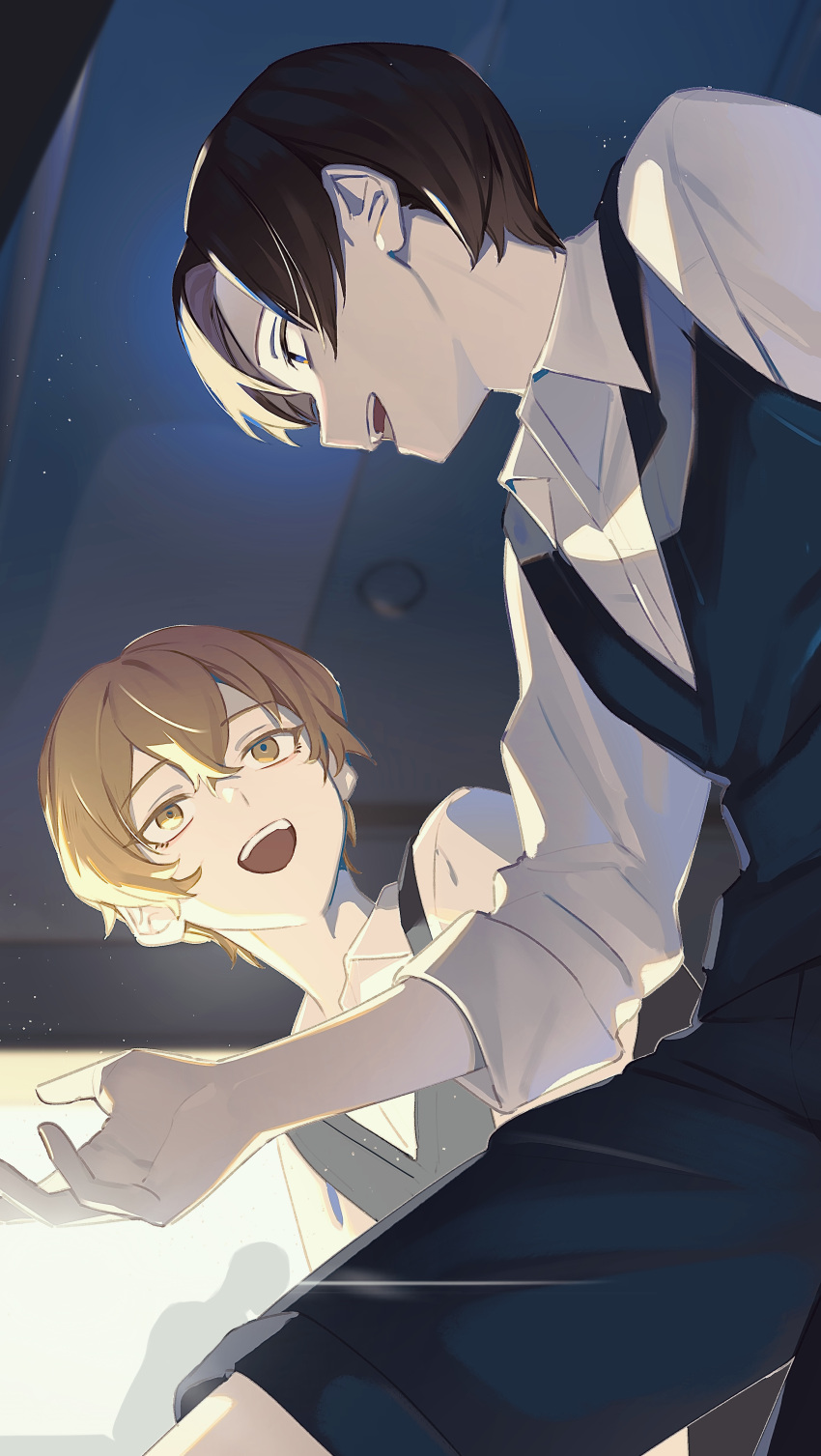 2boys, :d, absurdres, black_shorts, black_sweater_vest, blonde_hair, blue_eyes, brown_hair