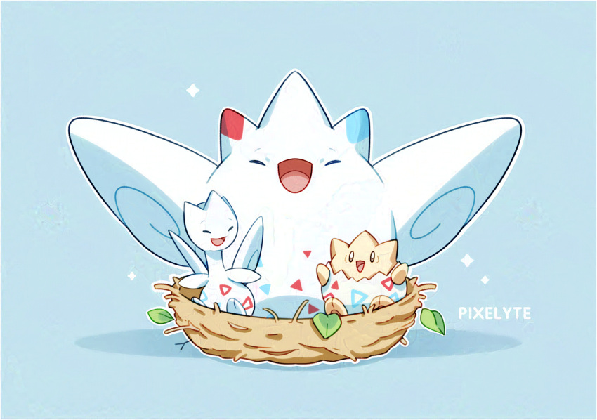 :d, animal_focus, arms_up, artist_name, bird_nest, blue_background, closed_eyes, commentary, english_commentary, evolutionary_line, highres, leaf, nest, no_humans, open_mouth, outline, pixelyte, pokemon, pokemon_(creature), simple_background, sitting, smile, sparkle, togekiss, togepi, togetic, white_outline, wings
