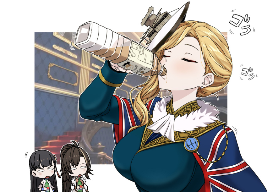 3girls, ascot, azur_lane, blonde_hair, blue_capelet, blue_dress, bottle, breasts