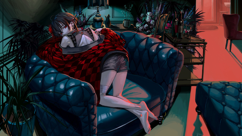 1boy, absurdres, armchair, bad_id, bad_twitter_id, bandaged_leg, bandages, bare_shoulders