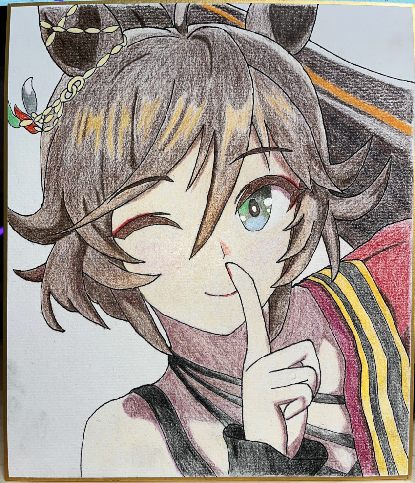 1girl, absurdres, ahoge, animal_ears, bare_shoulders, brown_hair, charro_(user_cndw7787), colored_pencil_(medium), commentary_request, ear_ornament, finger_to_mouth, green_eyes, hair_between_eyes, highres, horse_ears, horse_girl, long_hair, mr._c.b._(dazzling_kabuki_flower)_(umamusume), mr._c.b._(umamusume), official_alternate_costume, official_alternate_hairstyle, one_eye_closed, ponytail, shushing, simple_background, single_bare_shoulder, smile, solo, traditional_media, umamusume, upper_body, white_background