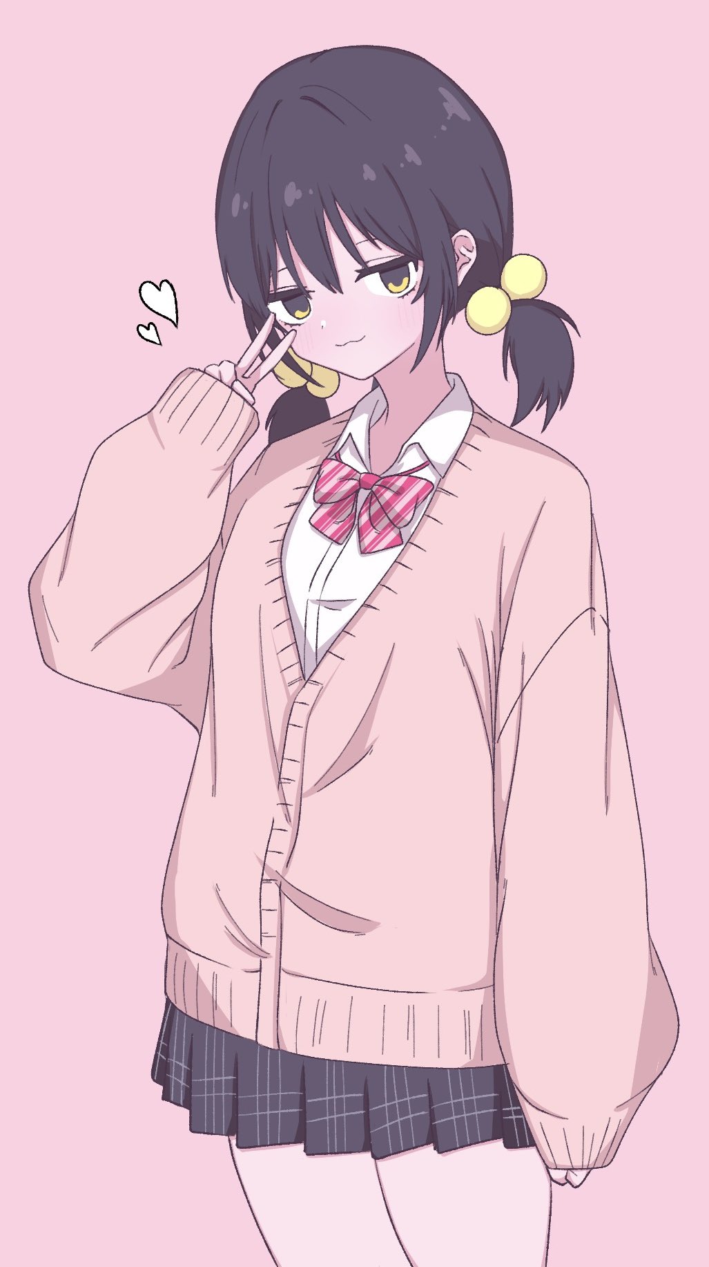 1girl, :3, black_hair, black_skirt, bow, cardigan, closed_mouth, collared_shirt