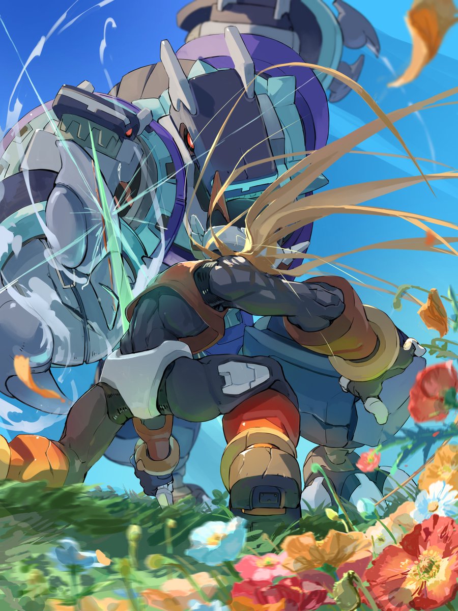 armor, battle, blonde_hair, blue_flower, energy_sword, flower, flower_bed, from_behind