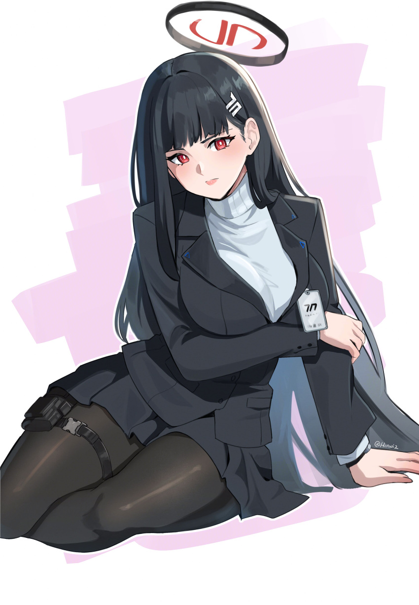 1girl, absurdres, black_hair, black_pantyhose, blazer, blue_archive, breasts, hair_ornament, hairclip, halo, highres, himwi, holster, jacket, large_breasts, long_hair, pantyhose, red_eyes, rio_(blue_archive), sitting, solo, sweater, thigh_holster, turtleneck, turtleneck_sweater, yokozuwari
