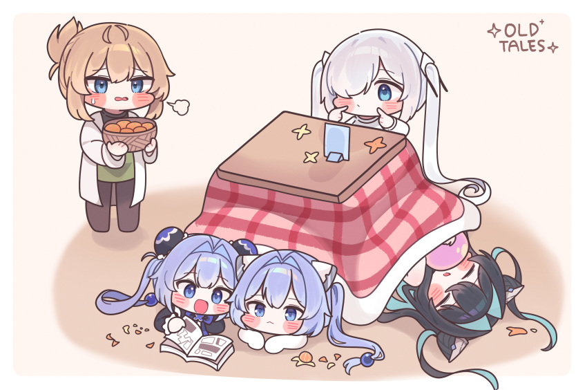 5girls, abe_(nikke), absurdres, black_sweater, blonde_hair, blue_eyes, blush, blush_stickers