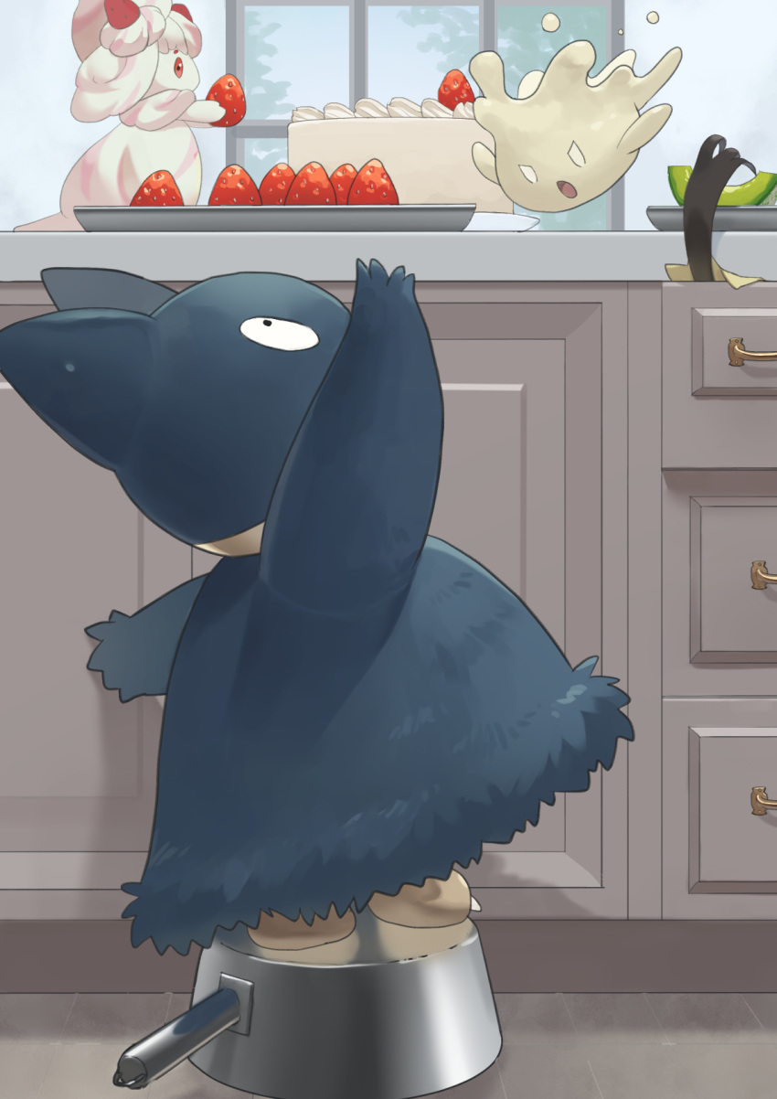 :o, alcremie, alcremie_(strawberry_sweet), arm_up, black_eyes, cake, commentary, cooking_pot