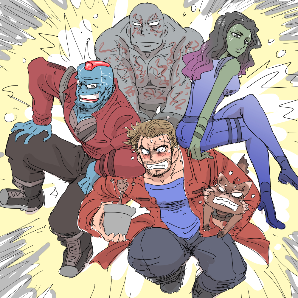 1girl, 5boys, alien, animal, blue_bodysuit, blue_shirt, blue_skin, bodysuit