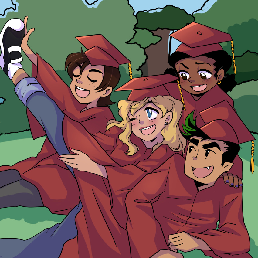 2boys, 2girls, american_dragon_jake_long, arthur_spudinski, asian, blonde_hair, blue_eyes, brown_hair