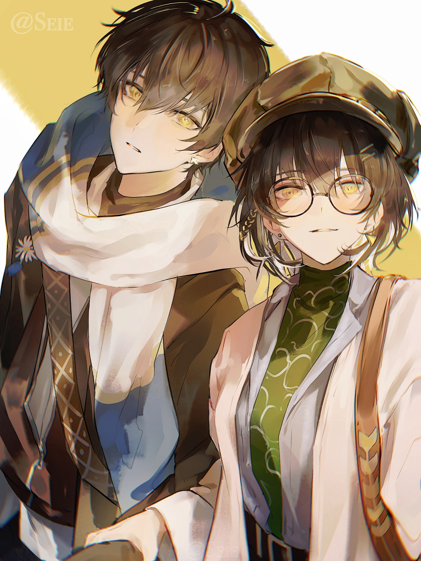 1boy, 1girl, black_hair, black_jacket, breasts, brown_hat, brown_jacket, chinese_commentary