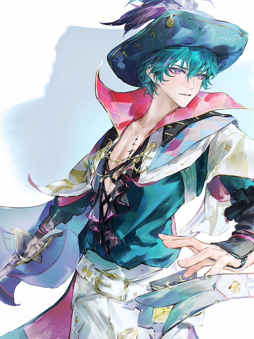 1boy, blue_hair, blue_hat, blue_shirt, brant_(wuthering_waves), chinese_commentary, commentary_request, hat