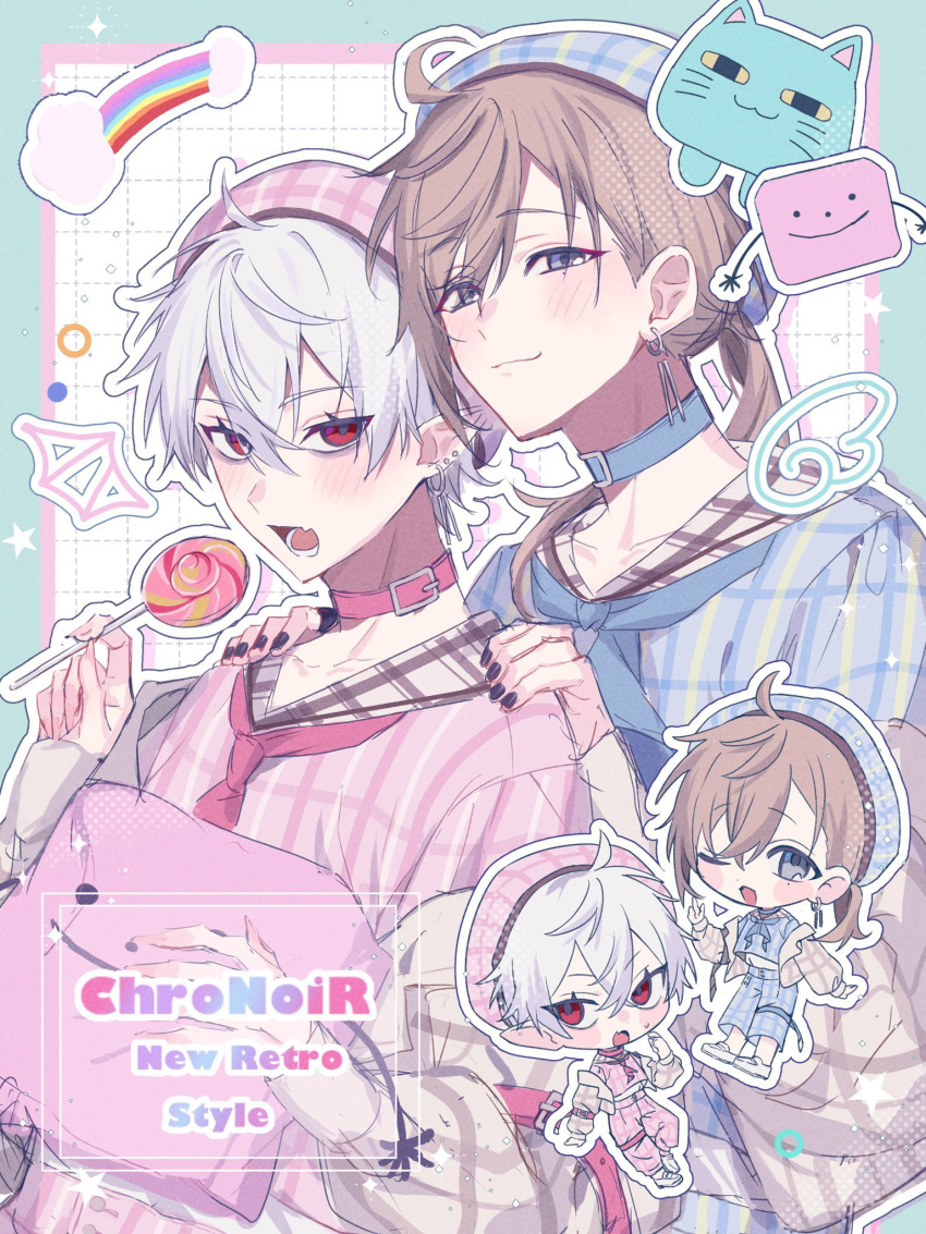 2boys, ahoge, akrngo_0708, alternate_costume, animal_collar, beret, black_nails, blouse, blue_eyes, brown_hair, brown_jacket, candy, chibi, closed_mouth, collar, collarbone, drawn_wings, ear_piercing, earrings, eyeliner, fang, fingernails, food, hair_between_eyes, hands_on_another's_shoulders, hat, highres, holding, holding_candy, holding_food, holding_lollipop, jacket, jewelry, kanae_(nijisanji), kuzuha_(nijisanji), lollipop, long_hair, looking_at_viewer, low_ponytail, lower_teeth_only, makeup, male_focus, multiple_boys, nail_polish, neckerchief, necktie, nijisanji, off_shoulder, open_mouth, outline, piercing, plaid_clothes, plaid_shirt, pointy_ears, ponytail, rainbow, red_eyes, sailor_collar, sharp_fingernails, shirt, short_hair, skin_fang, smile, swirl_lollipop, teeth, virtual_youtuber, white_hair