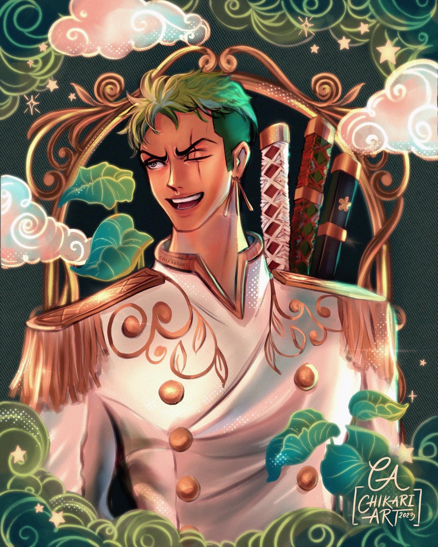 1boy, chikariart, commentary, earrings, english_commentary, epaulettes, glint, green_hair