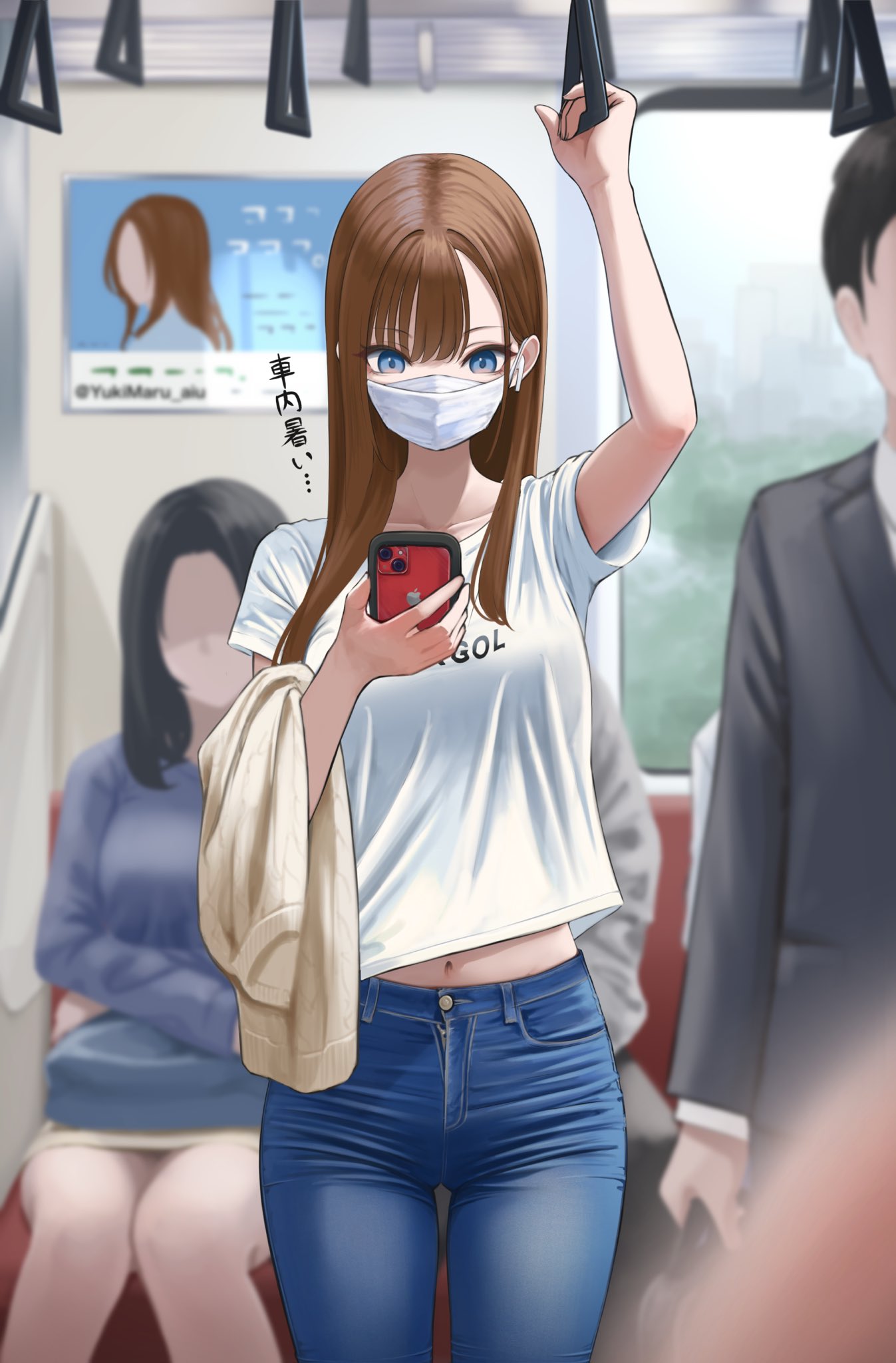 1boy, 2girls, arm_up, black_hair, black_jacket, blue_eyes, blue_shirt, blurry