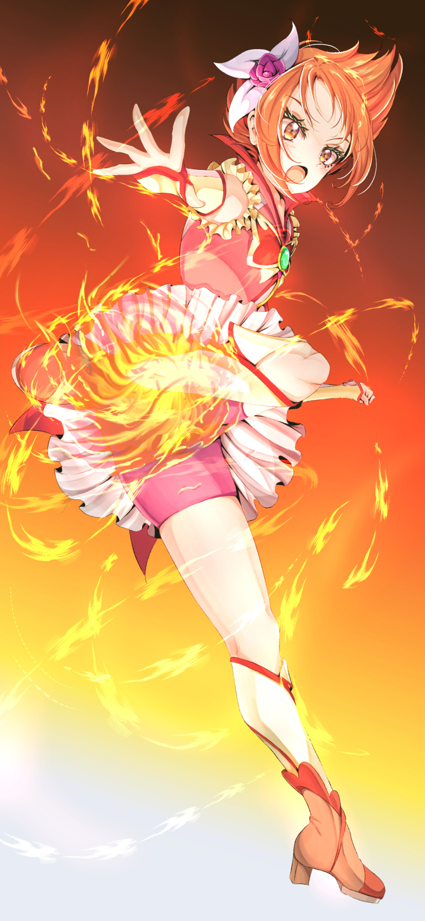 1girl, absurdres, bike_shorts, butterfly_brooch, commentary, cure_rouge, dress, elbow_gloves
