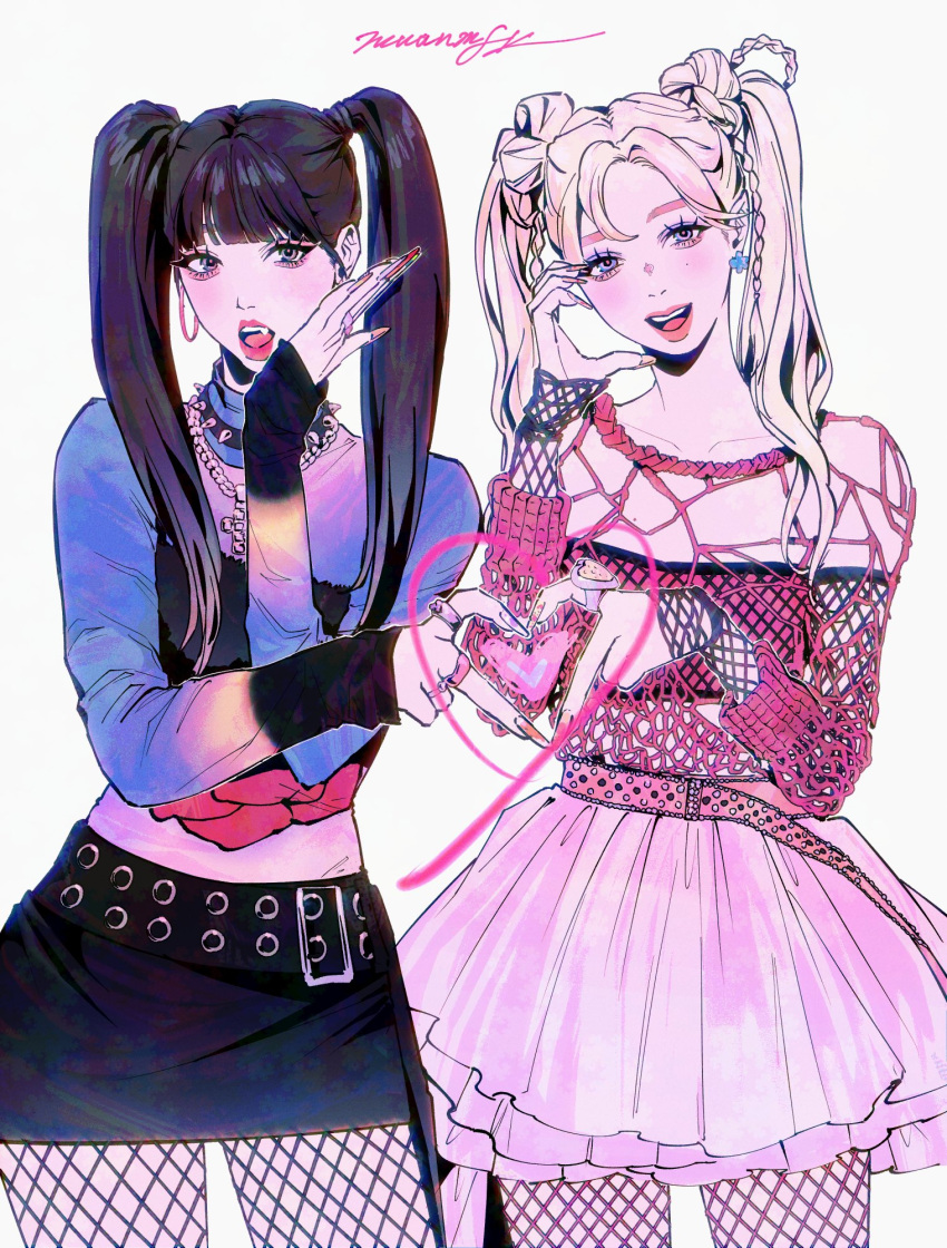 2girls, aespa, belt, black_hair, black_skirt, blunt_bangs, commentary, cowboy_shot